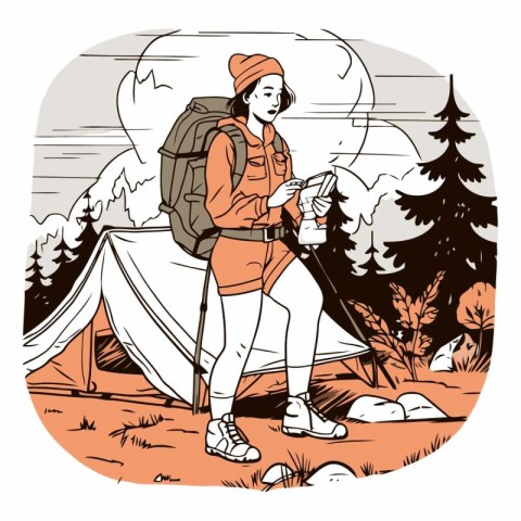 Hiking woman with a backpack and tent in the mountains.