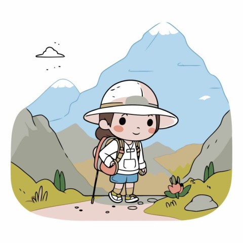 cute little girl hiking in the mountains character vector illust