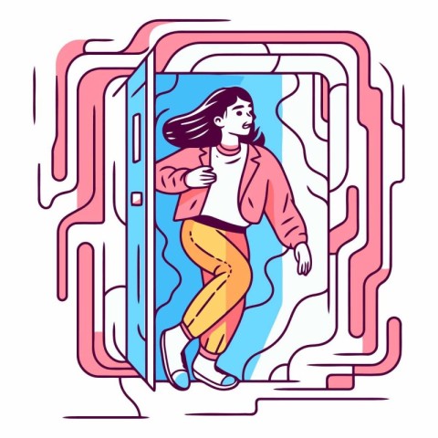 Vector illustration of a girl with long hair in a pink coat.