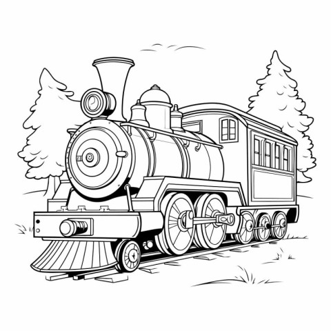 Steam locomotive. Black and white vector illustration for colori