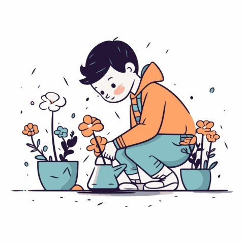 Boy watering flowers in the garden. Cute flat vector illustratio