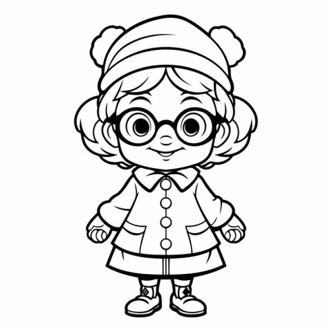 Black and White Cartoon Illustration of Cute Little Girl with Gl