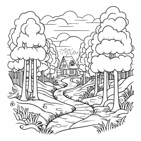 Cottage in the forest. Black and white vector illustration for c