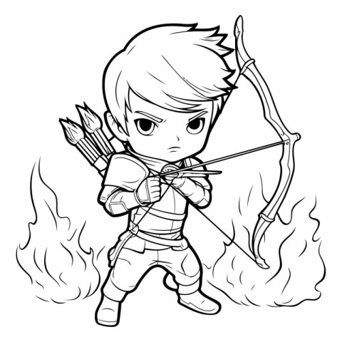 Cute little boy with bow and arrow on fire