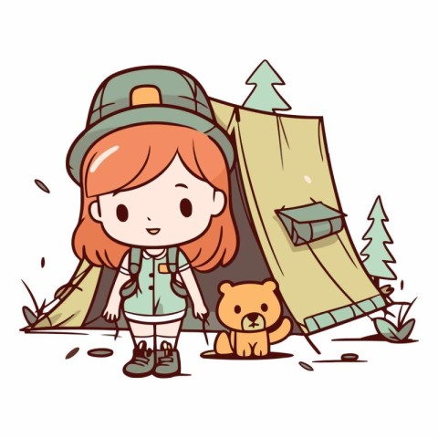 Illustration of a little girl camping with her dog and a tent