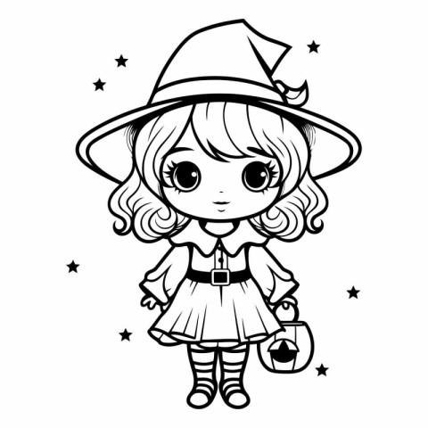 Cute little witch. Black and white vector illustration for color