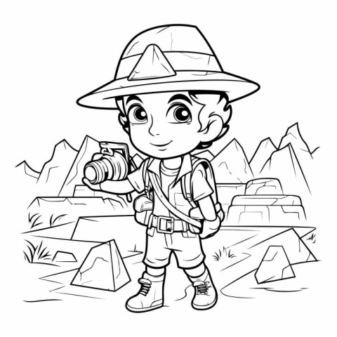 Black and White Cartoon Illustration of Kid Boy Traveler or Expl