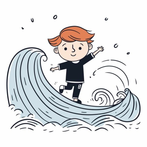 Boy surfing on the wave in doodle style