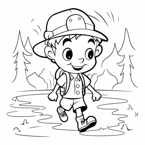 Black and White Cartoon Illustration of Kid Boy Camping or Walki