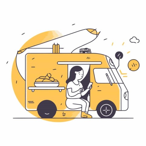 Food delivery service. Food truck and woman. Fast food