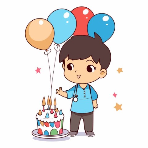 Cute little boy with birthday cake and balloons.