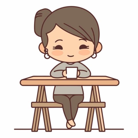 Cute little girl sitting at the table and drinking coffee.