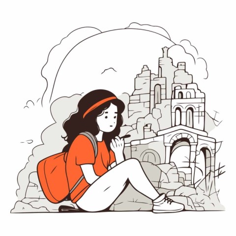 Young woman sitting on the ground in front of the castle