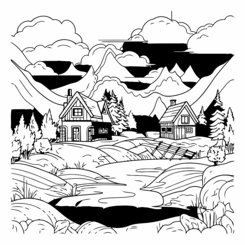 Cottage in the mountains. Black and white illustration for color