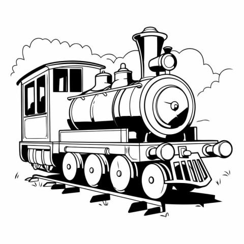 Vintage steam locomotive. Black and white vector illustration is