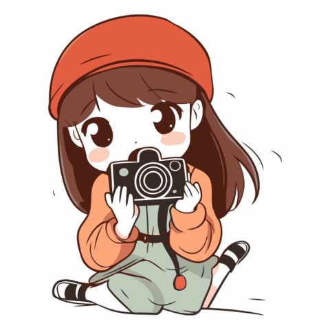 Illustration of a young girl taking a photo with a camera.