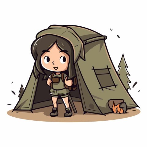 Illustration of a Girl Hiking in a Tent with a Tent