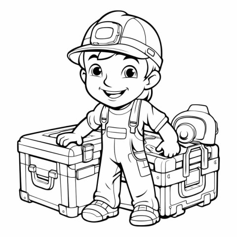 Black and White Cartoon Illustration of Cute Little Boy Construc