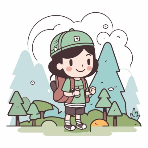 Girl with a backpack hiking in the forest of a girl with a backp