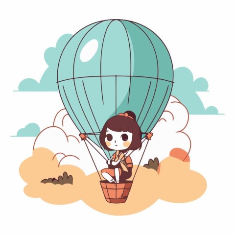 Cute little girl flying on hot air balloon.