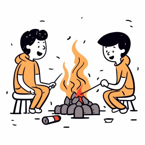 Vector illustration of two boys roasting marshmallow on bonfire.