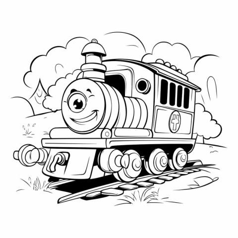 Cartoon Steam Locomotive - Black and White Illustration for Colo