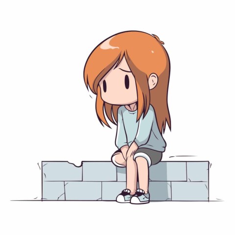 Sad little girl sitting on the brick wall in cartoon style.