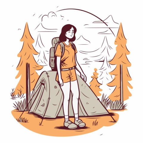 Young woman hiker with backpack and tent in the forest