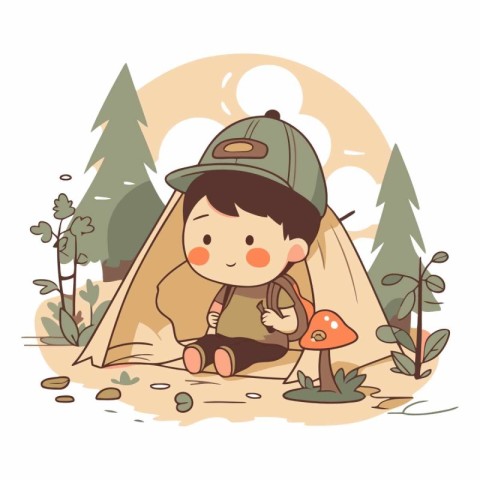 Cute little boy camping in the forest in cartoon style.