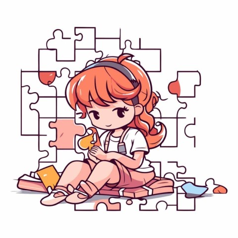 Little girl playing with puzzle pieces in cartoon style.