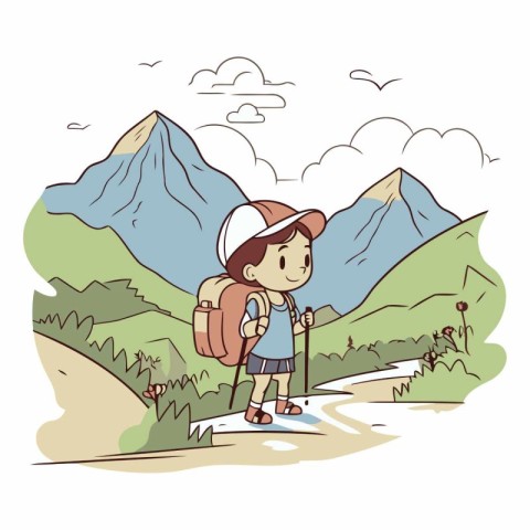 Hiking boy with a backpack in the mountains.