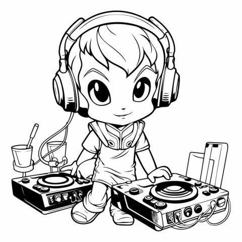 Boy DJ with headphones and dj mixer - black and white vector ill