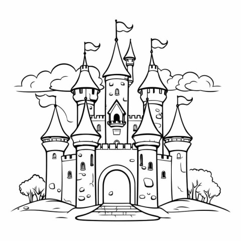 Cartoon castle of a fairy tale castle. Black and white illustrat