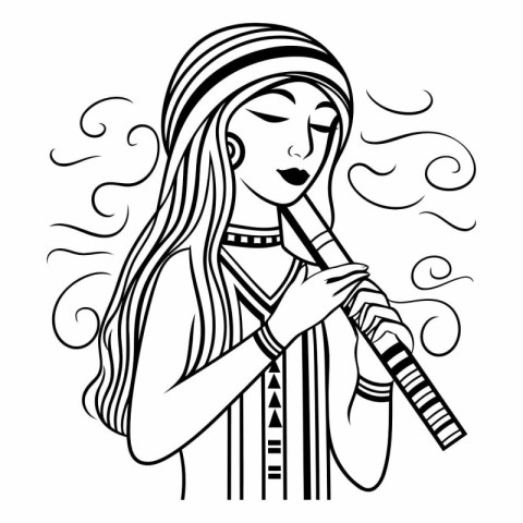 Hippie girl playing flute in black and white.