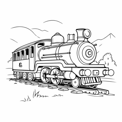 Steam locomotive on the road in sketch style.