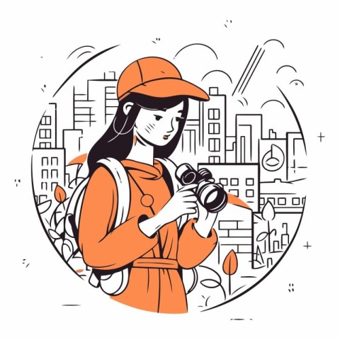 Vector illustration of a tourist girl with a camera in the city.