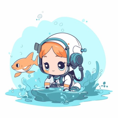 cute little girl in the sea with a fish