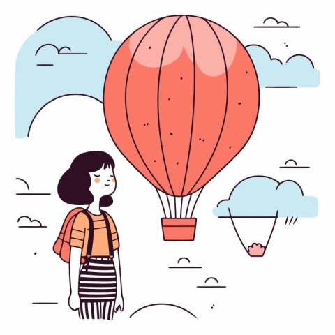 Young woman flying in hot air balloon in flat style