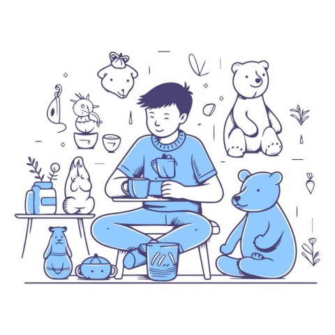 Cute boy drinking tea at home in line art style.