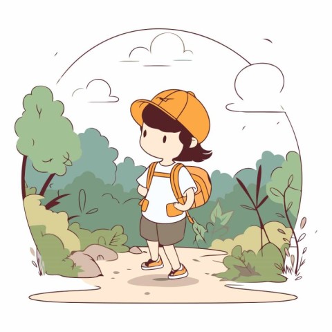 Girl with backpack and hat hiking in nature cartoon vector illus