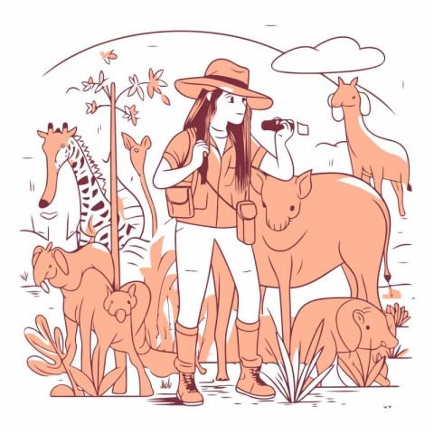 Vector illustration of a girl in a safari hat with a camera and