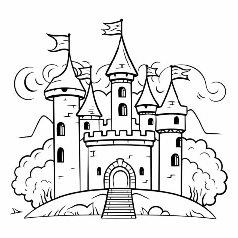 Coloring book for children: castle on the hill. Black and white