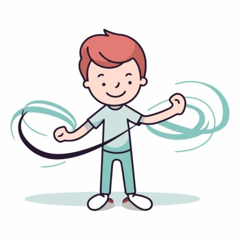 Cute boy with skipping rope in cartoon style.