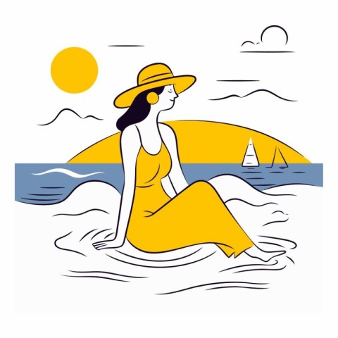 Vector illustration of a girl in a swimsuit and hat on the beach