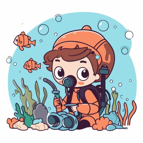 Cute little boy scuba diver. Underwater world.