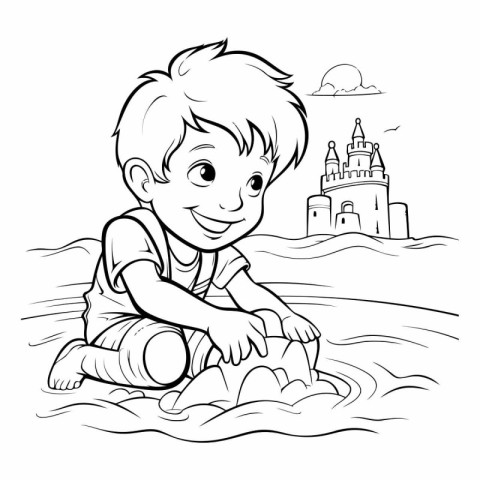 Cute little boy playing on the beach. Black and white vector ill