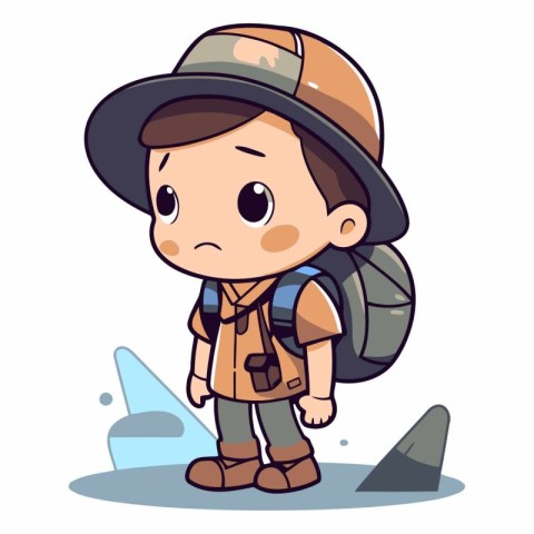 Cute little explorer boy with backpack and hat.