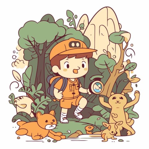 Cute little boy explorer in the jungle. Cartoon vector illustrat