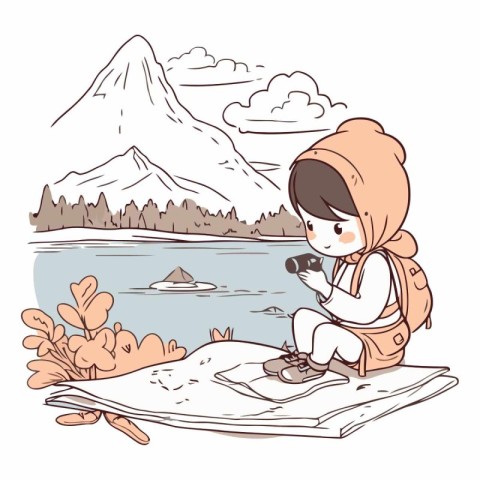 Illustration of a cute little girl sitting on a map and looking