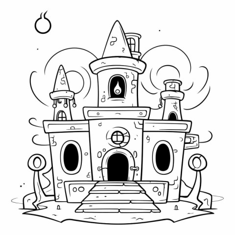 Black and White Cartoon Illustration of Fantasy Castle for Color